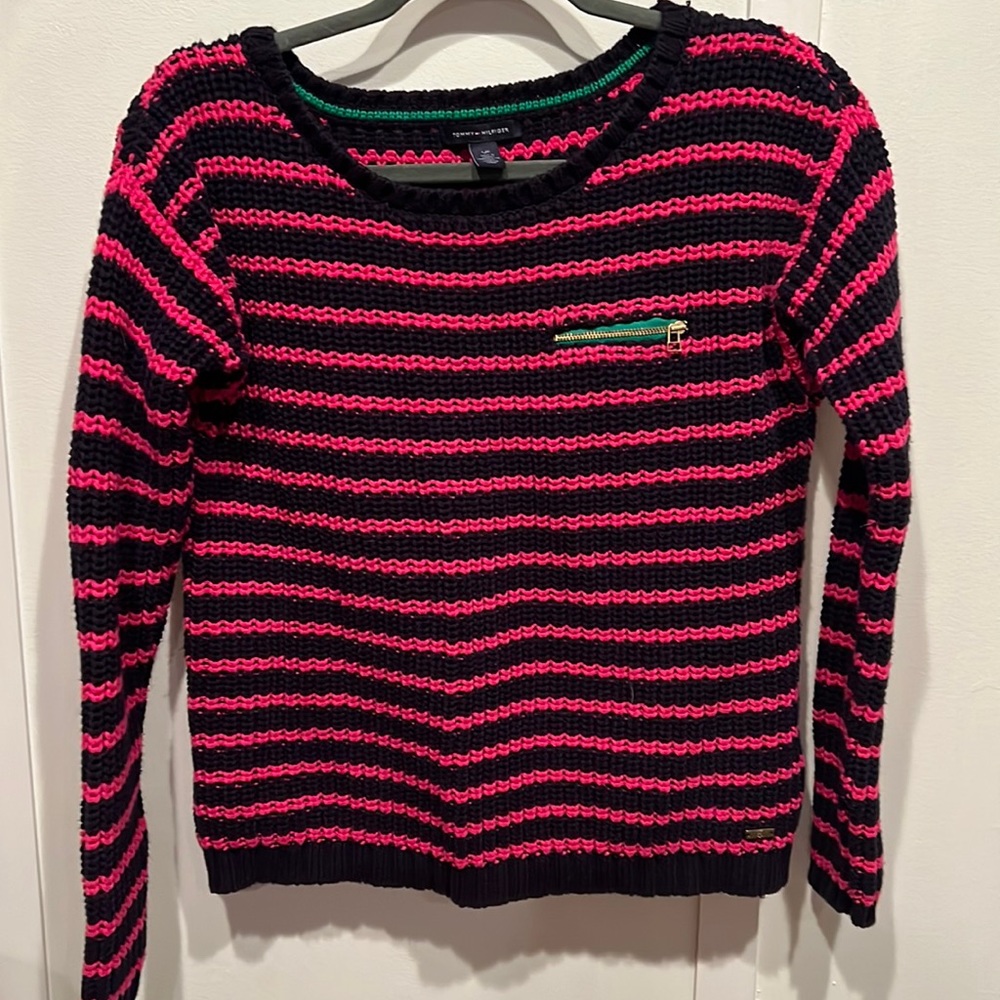 Tommy Hilfiger pink/ navy striped sweater with green accent and gold zipper.